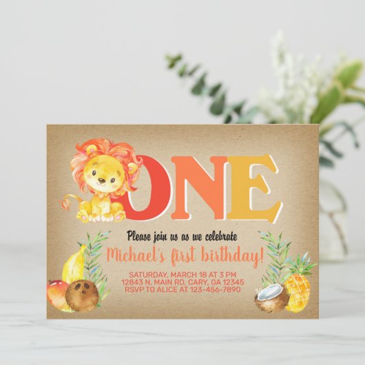 ライオン少年1歳の誕生日の招待、ライオンの招待状。 招待状 (スタンド正面)