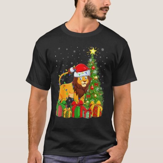 ライオン照明クリスマスツリーサンタハットライオンクリスマス Tシャツ (正面)