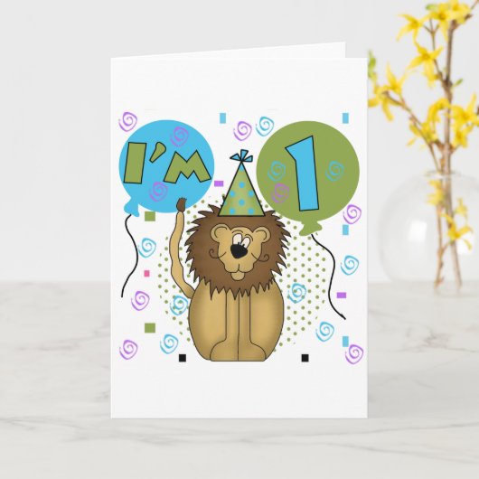 ライオン私は1つの最初誕生日のTシャツおよびギフトです カード (黄色い花)