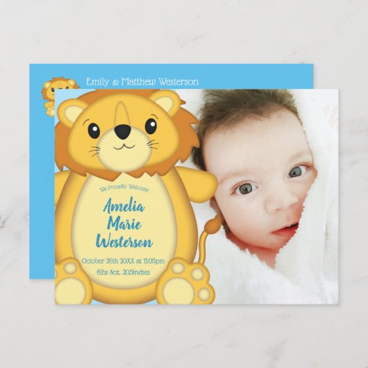 ライオン赤ちゃんシャワー動物園サーカスブルーボーイ ポストカード (正面/裏面)