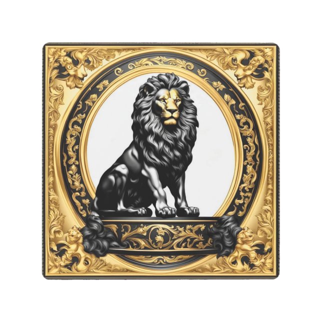 ライオン金ゴールドと黒い装飾枠 メタルプリント (正面)