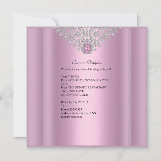 ライオン顔ジュエルイメージバースデーパーティーピンク 招待状 (裏面)