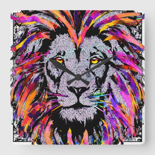 ライオン顔 – リアリスティックライオンスケッチウォールクロック スクエア壁時計 (正面)