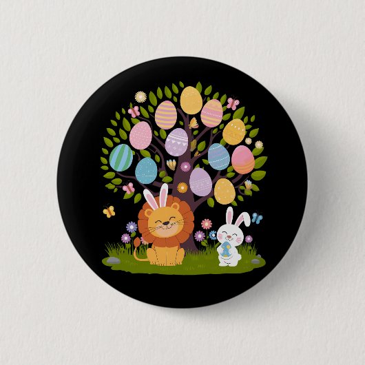 ライオン うさぎ イースター かわいい 木の たまご探し 缶バッジ (正面)