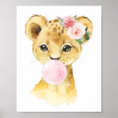 ライオン、ジャングルサファリ、ピンクのバブルガム、女の子の寝室 ポスター (正面)