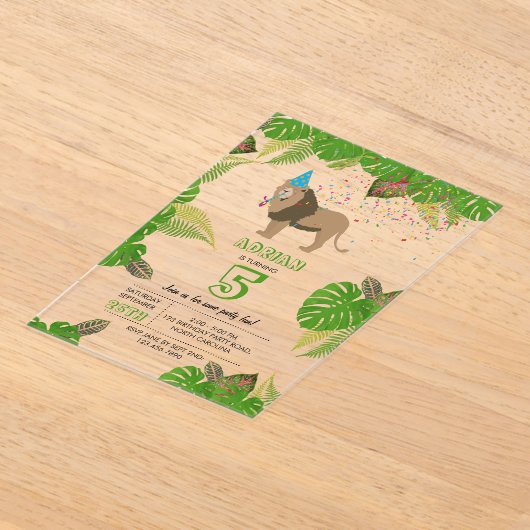 ライオン・ジャングル動物の誕生日パーティー アクリル招待状 (レイダウン)