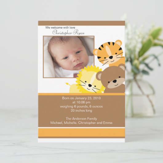 ライオン、トラ、クマ 赤ちゃん写真 出生発表カード 案内状 (スタンド正面)