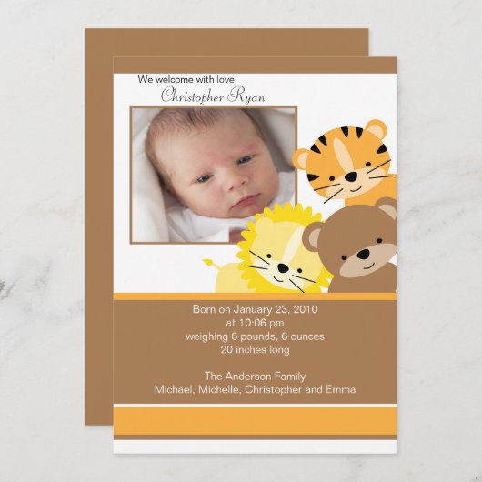ライオン、トラ、クマ 赤ちゃん写真 出生発表カード 案内状 (正面/裏面)