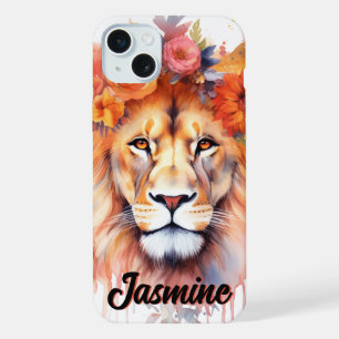 ライオン パステルフラワー サファリ 水彩 サバンナ 猫 iPhone 15 PLUSケース