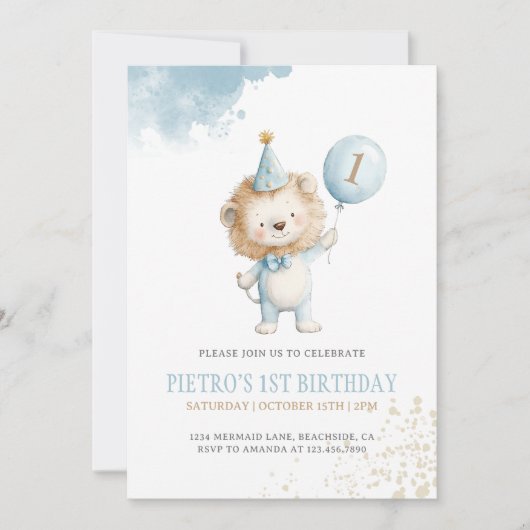 ライオン ブルー バルーン 男の子 1歳 誕生日パーティー 招待状 (正面)