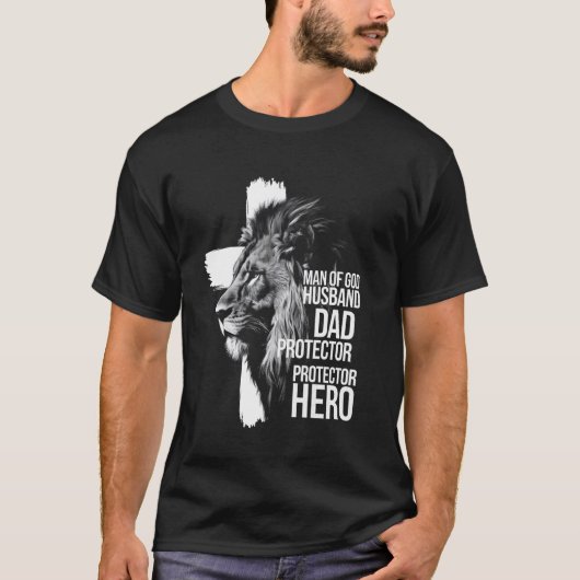 ライオン マン 神 夫 父 守護者 ヒーロー キリスト教 Tシャツ (正面)