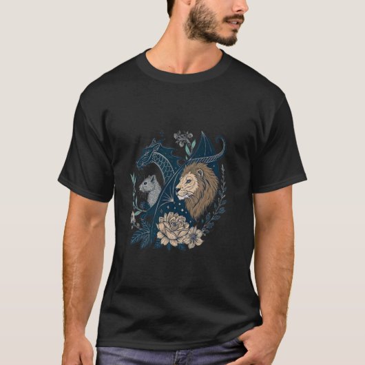 ライオン ミーアキャット ドラゴン 葉 花 アート イラスト Tシャツ (正面)