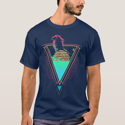 ライオン ヴェイパーウェーブ シンセウェーブ 80年代 90年代 夕日 面白い Tシャツ (正面)