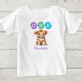 ライオン 名前入り 1歳の誕生日 パープル ベビーTシャツ