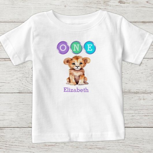 ライオン 名前入り 1歳の誕生日 パープル ベビーTシャツ