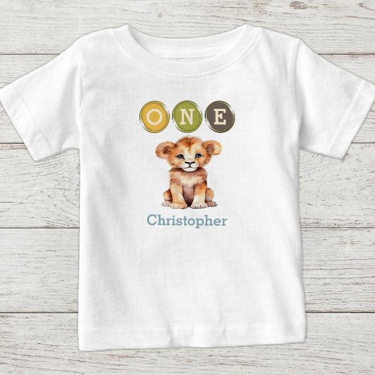 ライオン 1歳の誕生日 名前入り ブルー ベビーTシャツ