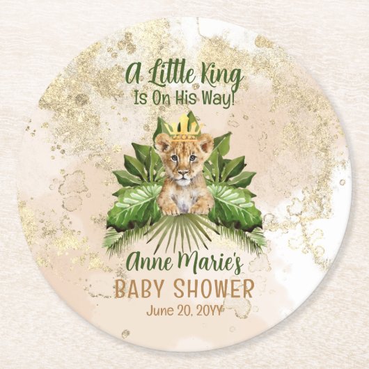 ライオンCub小さな王が彼の方法で赤ちゃんシャワー ラウンドペーパーコースター (正面)