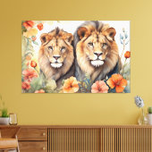 ライオ威厳のあるン&フローラウォーターカラーアートプリント キャンバスプリント (インサイチュ (リビング))