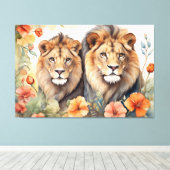 ライオ威厳のあるン&フローラウォーターカラーアートプリント キャンバスプリント (インサイチュ (ウッドフロア))