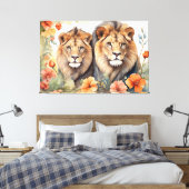 ライオ威厳のあるン&フローラウォーターカラーアートプリント キャンバスプリント (インサイチュ (寝室))