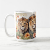 ライオ威厳のあるン&フローラウォーターカラーアートプリント コーヒーマグカップ (左)