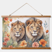 ライオ威厳のあるン&フローラウォーターカラーアートプリント 吊り下げ型タペストリー (正面)