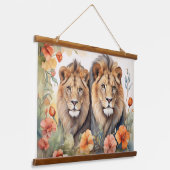 ライオ威厳のあるン&フローラウォーターカラーアートプリント 吊り下げ型タペストリー (傾斜あり)