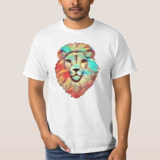 ライオ鮮やかンの頭の男のTシャツ Tシャツ (正面)