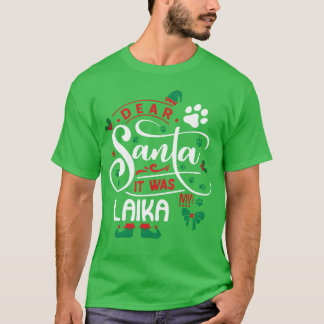 ライカ犬クリスマスドッグは友達の男の子を育てる Tシャツ
