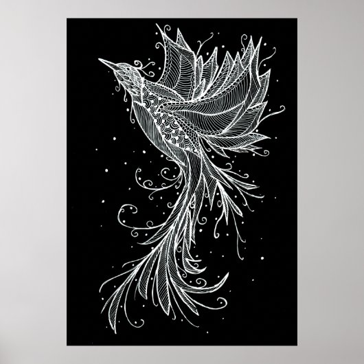 ライジングフェニックスホワイトのブラックラインアートポスター ポスター (正面)