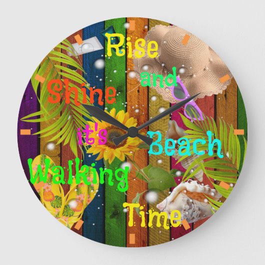 ライズ&シャイントロピカルビーチサマーサンおもしろい時間 ラージ壁時計 (正面)