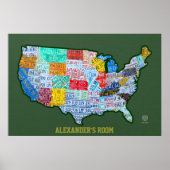 ライセンスプレートアメリカ合衆国の地図グリーンカスタム文字 ポスター (正面)