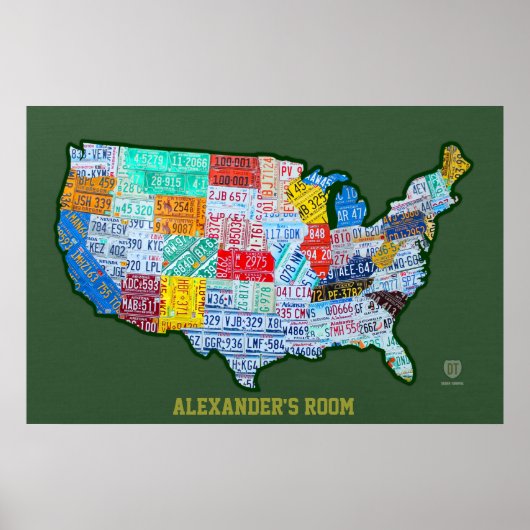 ライセンスプレートアメリカ合衆国の地図グリーンカスタム文字 ポスター (正面)