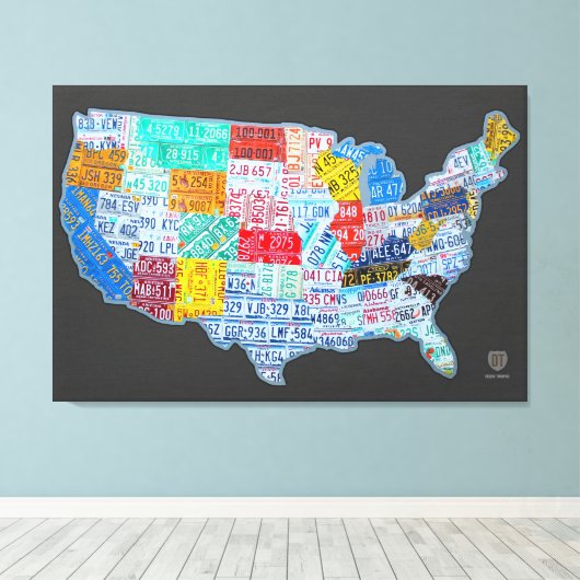 ライセンスプレートグレーのアメリカ合衆国の地図 キャンバスプリント (インサイチュ (ウッドフロア))