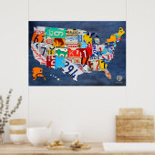 ライセンスプレートブルーの統一された州のマップ ポスター (キッチン)