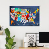 ライセンスプレートブルーの統一された州のマップ ポスター (ホームオフィス)