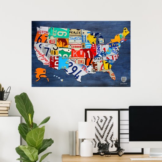 ライセンスプレートブルーの統一された州のマップ ポスター (ホームオフィス)