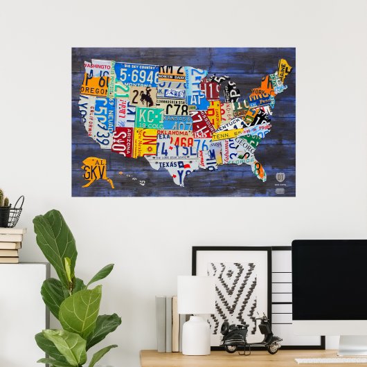 ライセンスプレートブルー統一された州のマップ。13 ポスター (ホームオフィス)