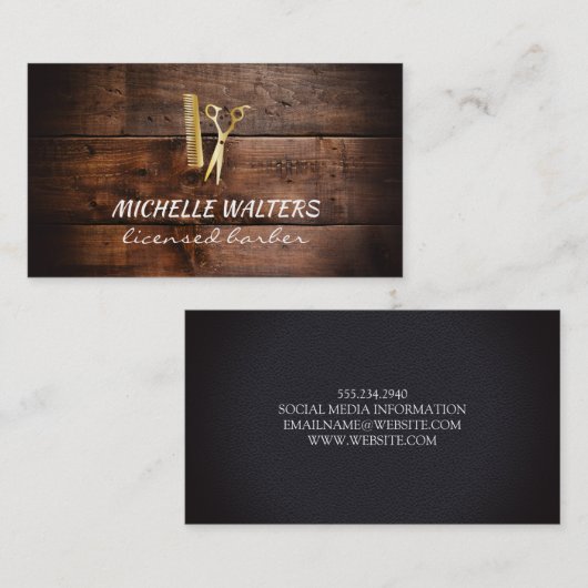ライセンス理容師レザー金ゴールドコームとハサミ 名刺 (正面/裏面)