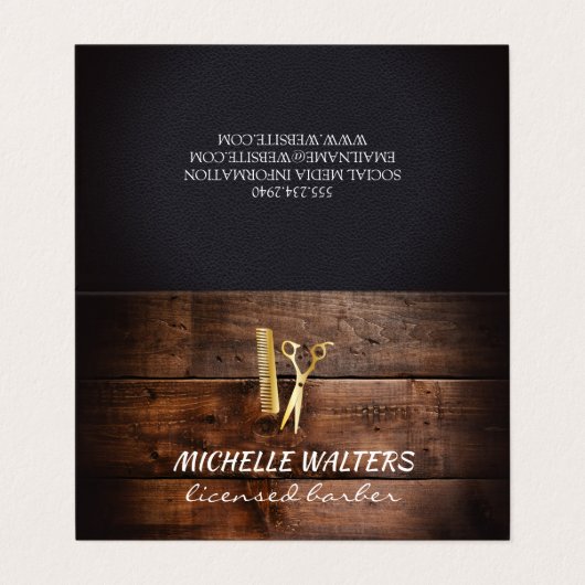ライセンス理容師レザー金ゴールドコームとハサミ 名刺 (外部フラット)