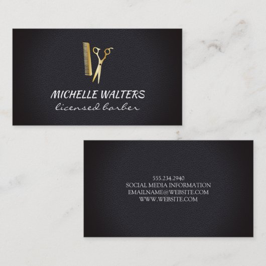ライセンス理容師レザー金ゴールドコームとハサミ 名刺 (正面/裏面)