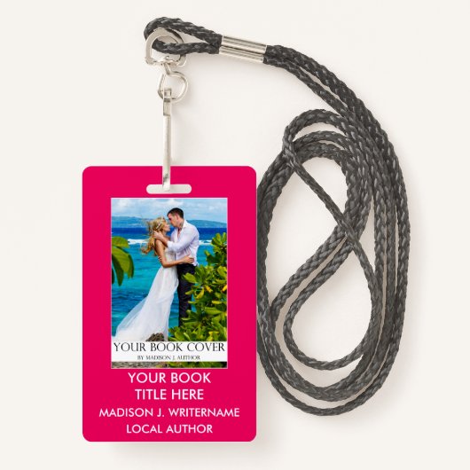 ライター作家ブックカバー – ホットピンクまたはピックカラー バッジ (正面ランヤード)