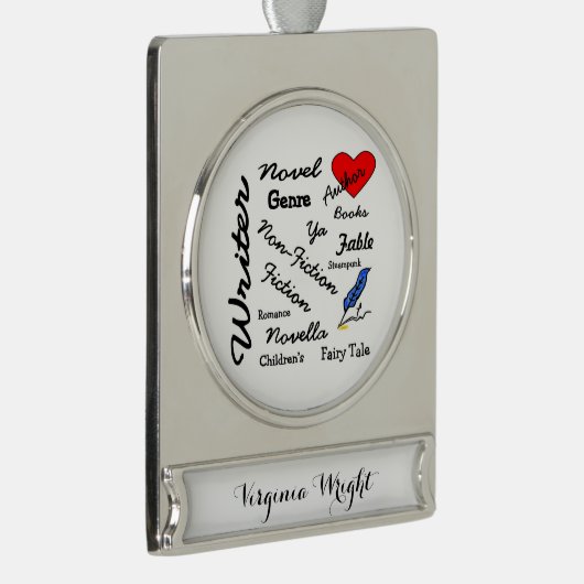 ライター、作家、およびジャーナリストのパーソナライズされた名前 シルバープレートバナーオーナメント (右)