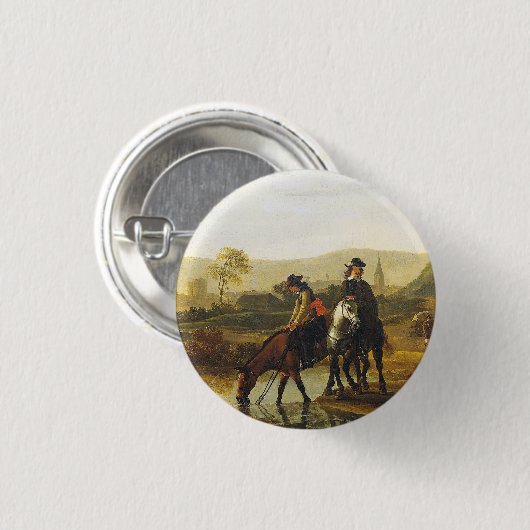 ライダー付きの川の風景Aelbert Cuyp 缶バッジ (正面&裏面)