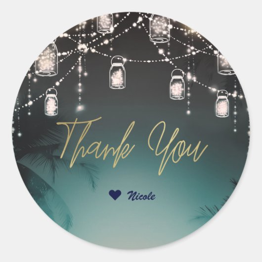 ライツきらめくパームツリーズエレガントビーチ結婚式 ラウンドシール (正面)