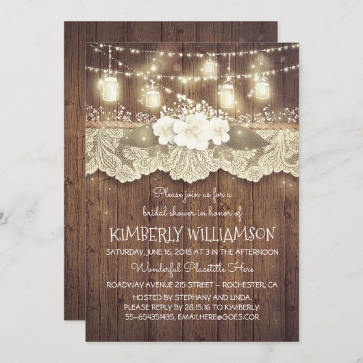 ライツメイソンジャースレースウッド素朴ブライダルシャワー 招待状 (正面/裏面)