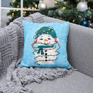 ライツ白熱［赤熱］光を放つウィンター疑問に思雪だるまクリスマス クッション
