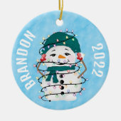 ライツ白熱［赤熱］光を放つウィンター疑問に思雪だるまクリスマス セラミックオーナメント (正面)