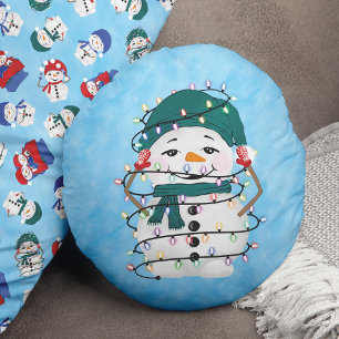 ライツ白熱［赤熱］光を放つウィンター疑問に思雪だるまクリスマス ラウンドクッション