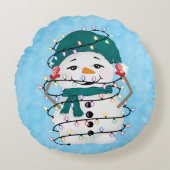 ライツ白熱［赤熱］光を放つウィンター疑問に思雪だるまクリスマス ラウンドクッション (正面)